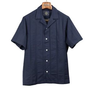 Portuguese Flannel Praia Camp Collar Navy Shirt Cotton with Seersucker Stripes